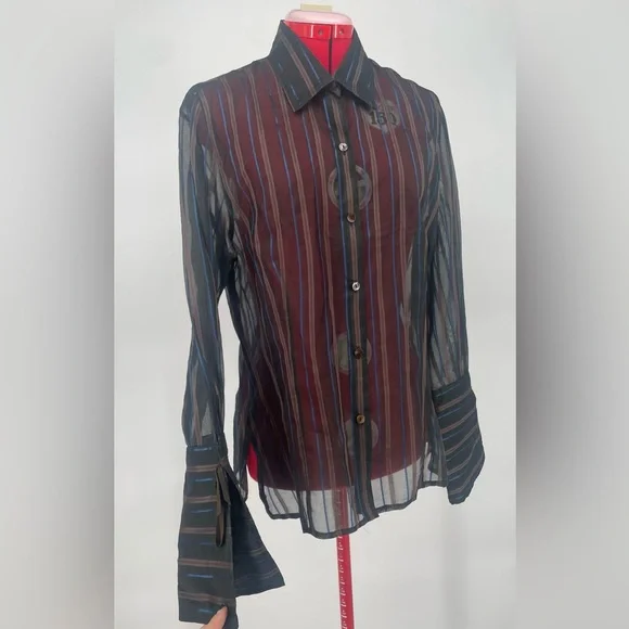 Vintage A’nue Ligne Black & Brown Sheer Striped Blouse With Flared Cuffs - Picture 2 of 9